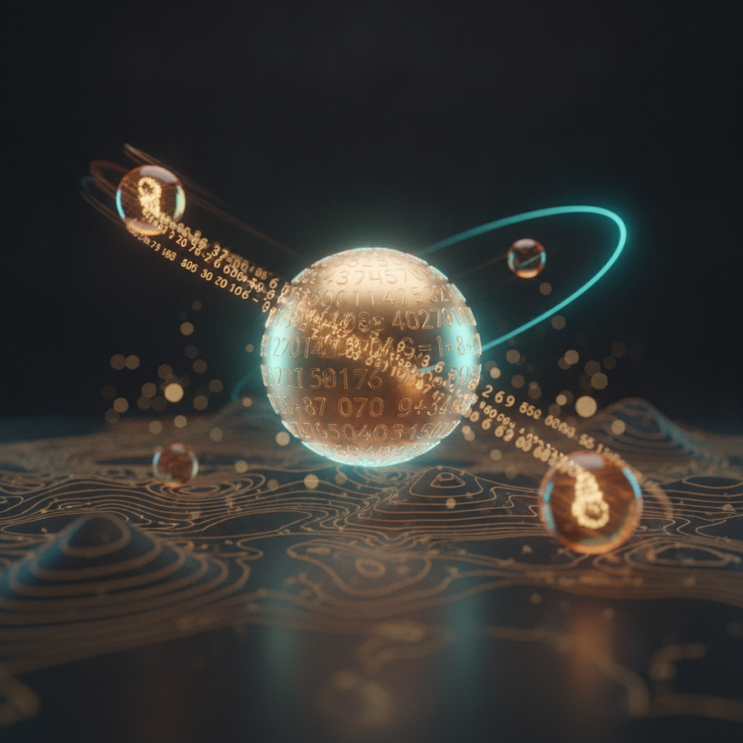 Cinematic 3D scene illustrating chance and distribution, gold tones on near-black