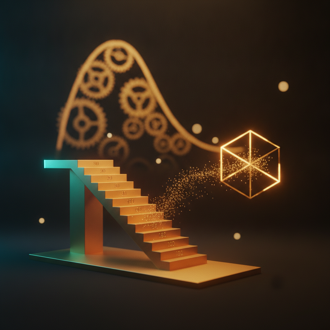 Scena 3D cinematografica che illustra il caso e la distribuzione, toni oro su near-black