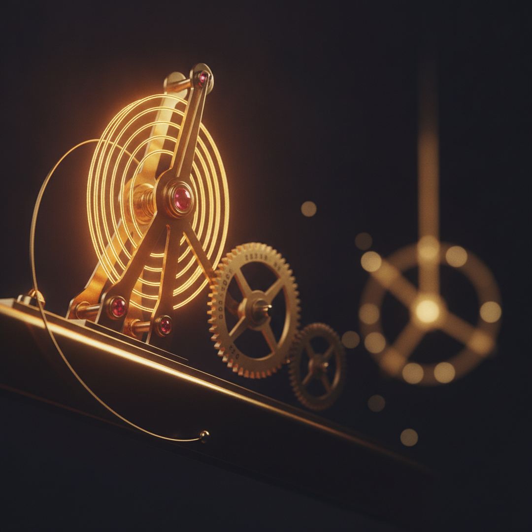 Scena 3D cinematografica che illustra il caso e la distribuzione, toni oro su near-black