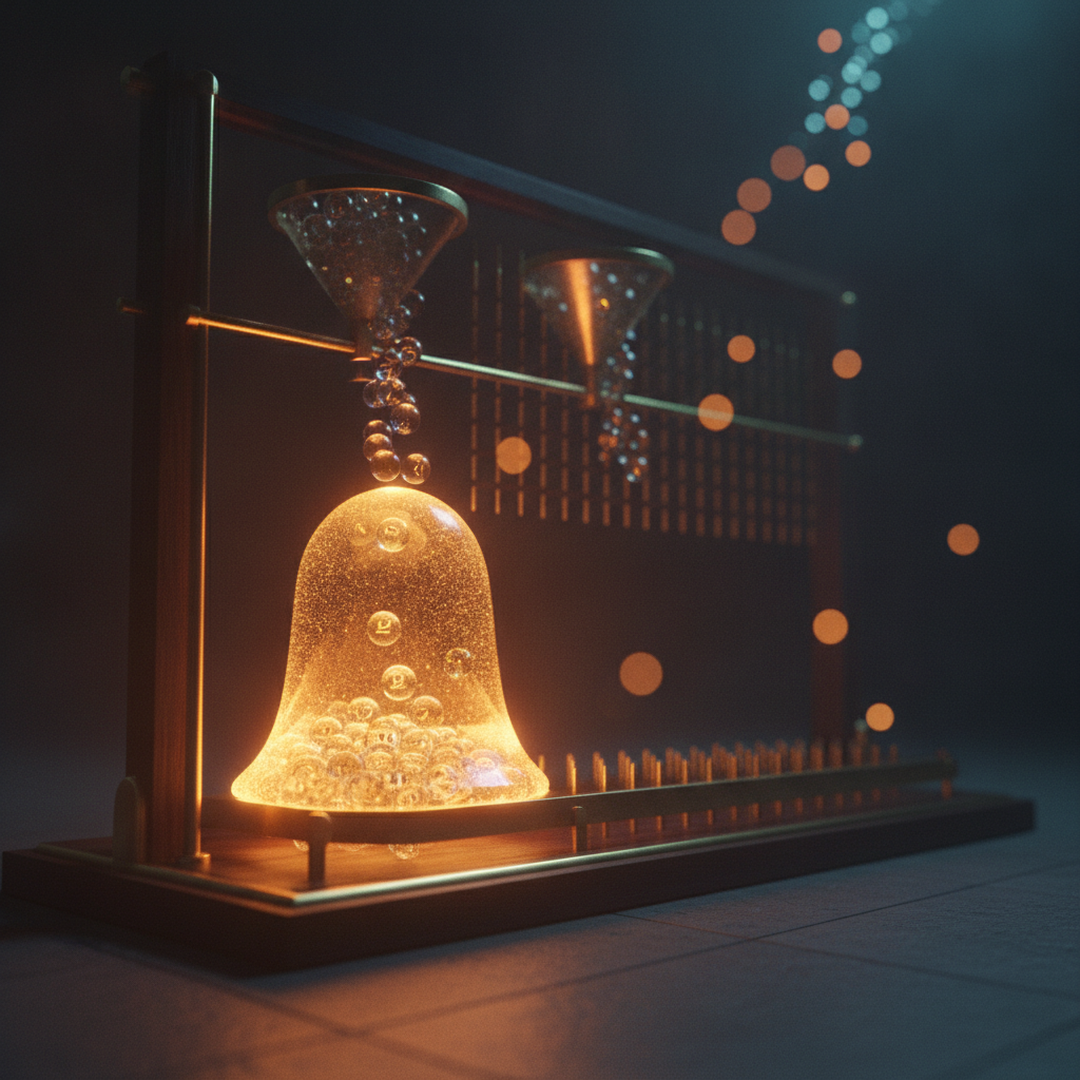 Scena 3D cinematografica che illustra il caso e la distribuzione, toni oro su near-black