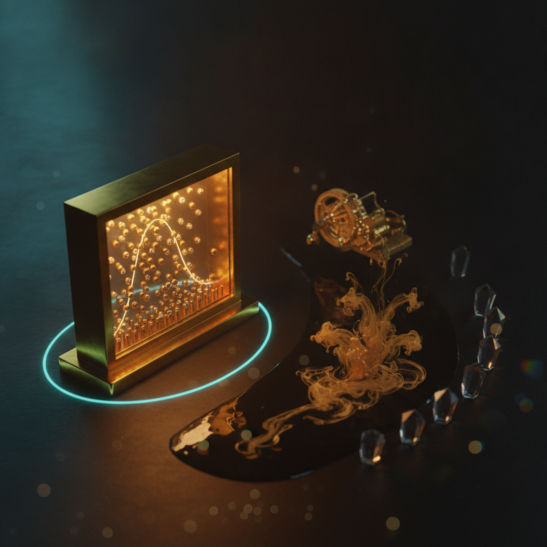 Scena 3D cinematografica che illustra il caso e la distribuzione, toni oro su near-black