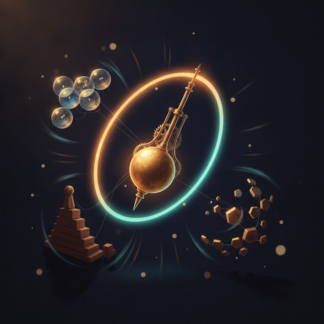 Scena 3D cinematografica che illustra il caso e la distribuzione, toni oro su near-black
