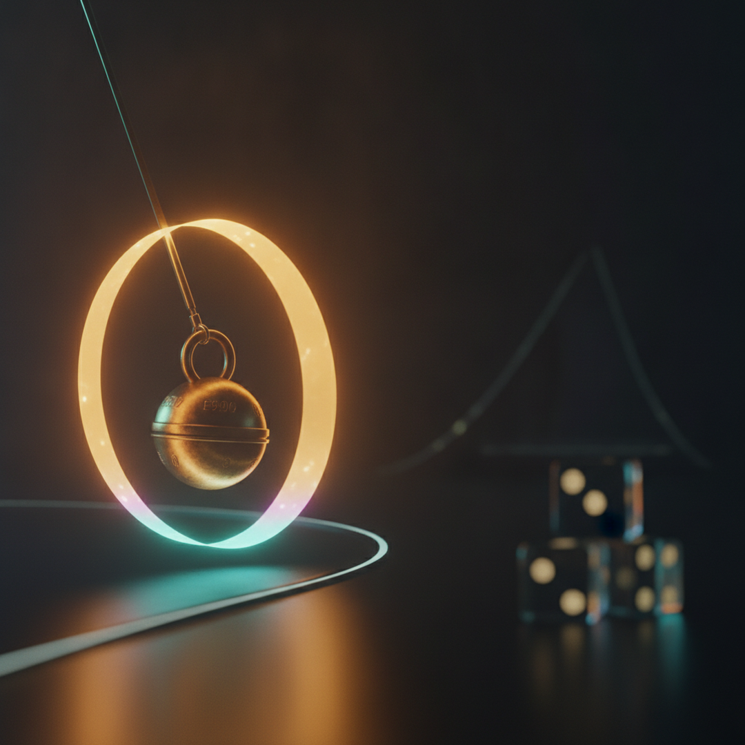 Illustrazione editoriale cinematografica su probabilità e statistica, luce gold su fondo scuro