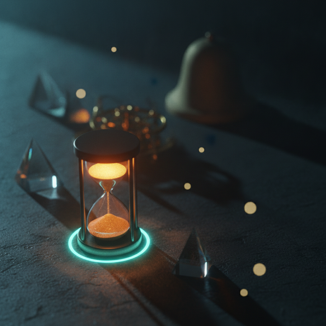 Scena 3D cinematografica che illustra il caso e la distribuzione, toni oro su near-black