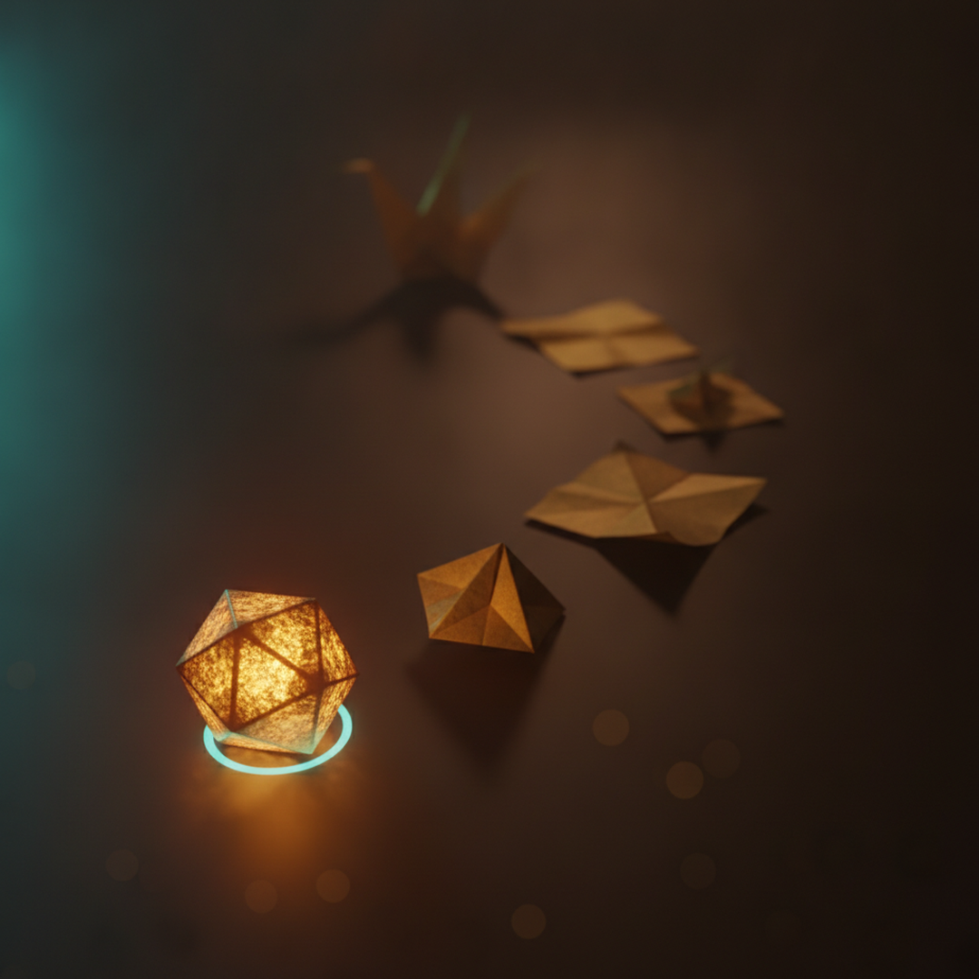 Scena 3D cinematografica che illustra il caso e la distribuzione, toni oro su near-black