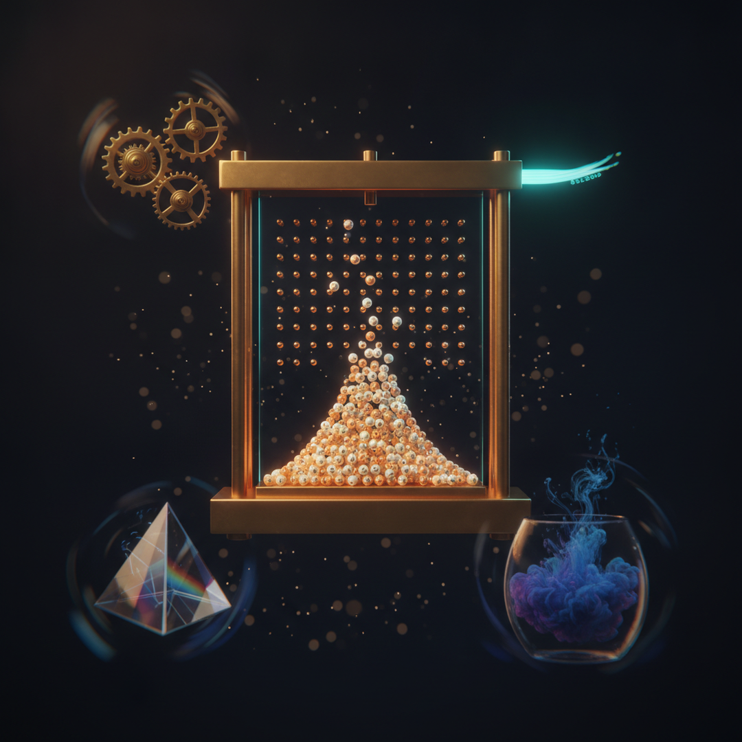 Scena 3D cinematografica che illustra il caso e la distribuzione, toni oro su near-black
