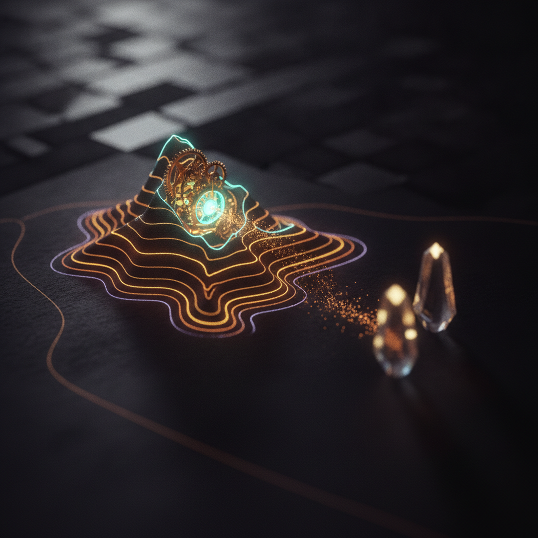 Scena 3D cinematografica che illustra il caso e la distribuzione, toni oro su near-black