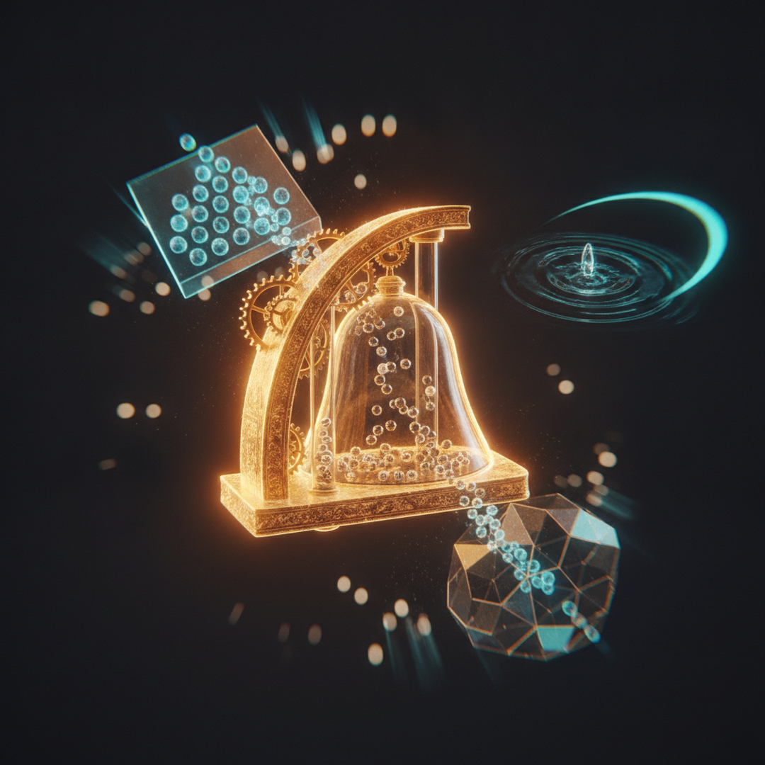 Scena 3D cinematografica che illustra il caso e la distribuzione, toni oro su near-black