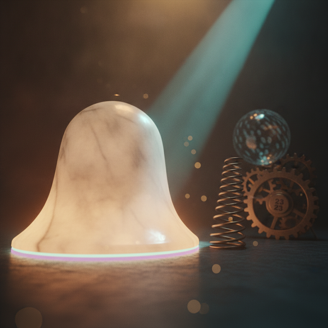 Scena 3D cinematografica che illustra il caso e la distribuzione, toni oro su near-black