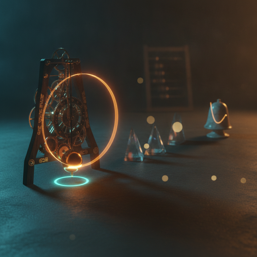 Scena 3D cinematografica che illustra il caso e la distribuzione, toni oro su near-black